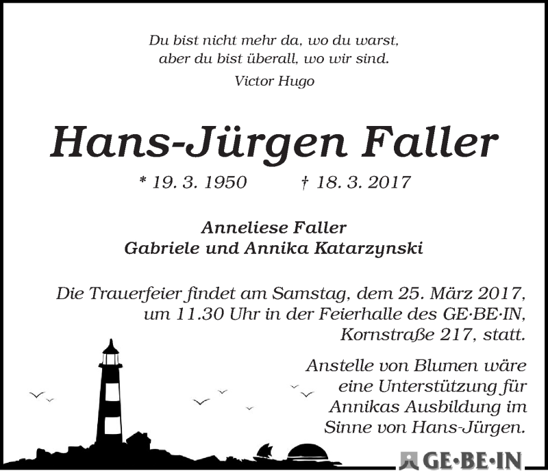 Traueranzeige von Hans-Jürgen Faller von WESER-KURIER