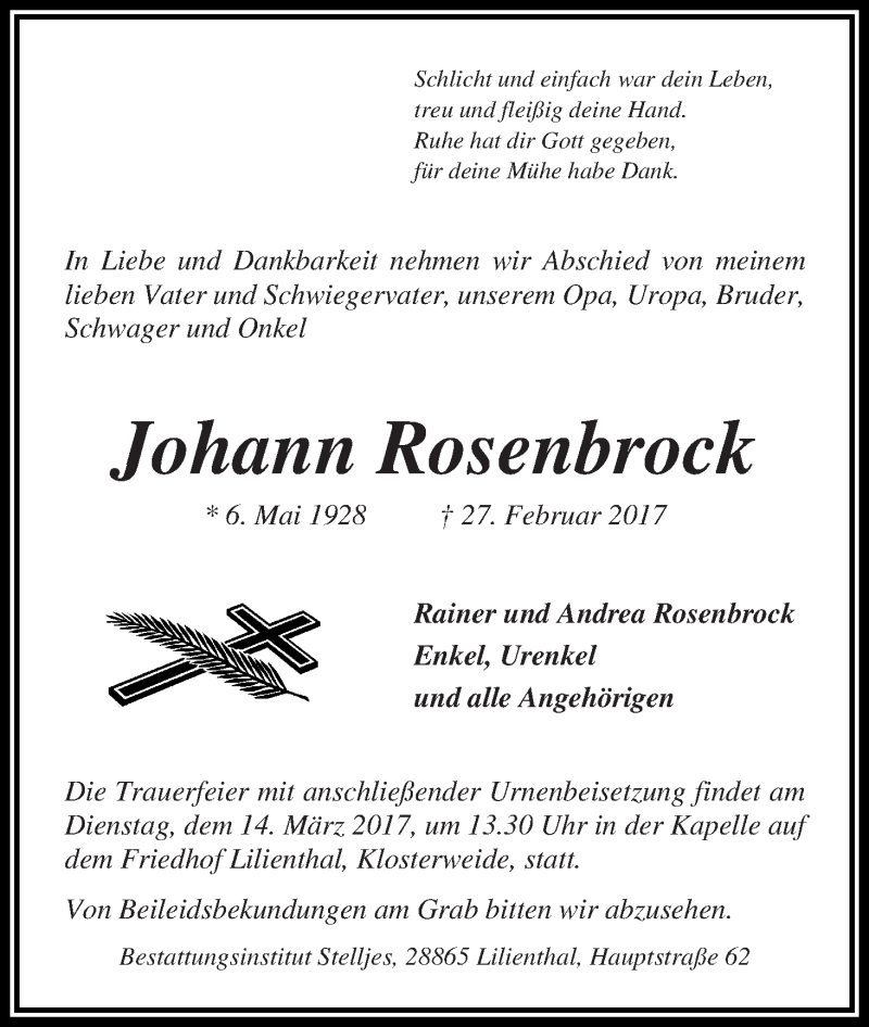 Traueranzeige von Johann Rosenbrock von Wuemme Zeitung