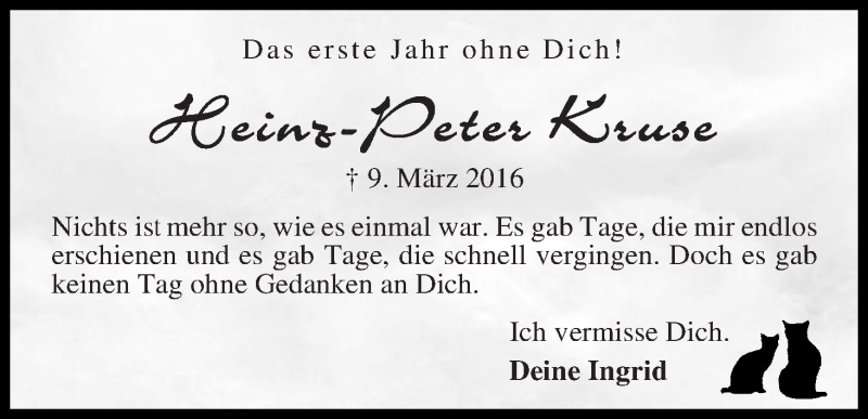 Traueranzeige von Heinz-Peter Kruse von WESER-KURIER