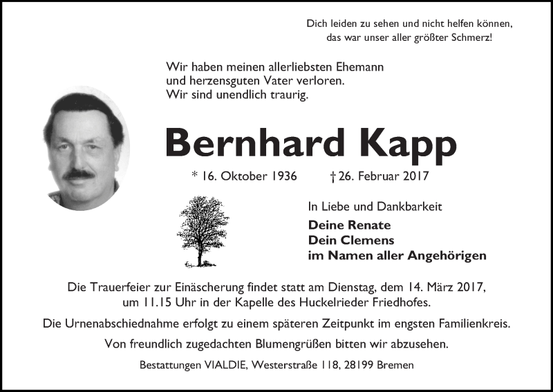 Traueranzeige von Bernhard Kapp von WESER-KURIER