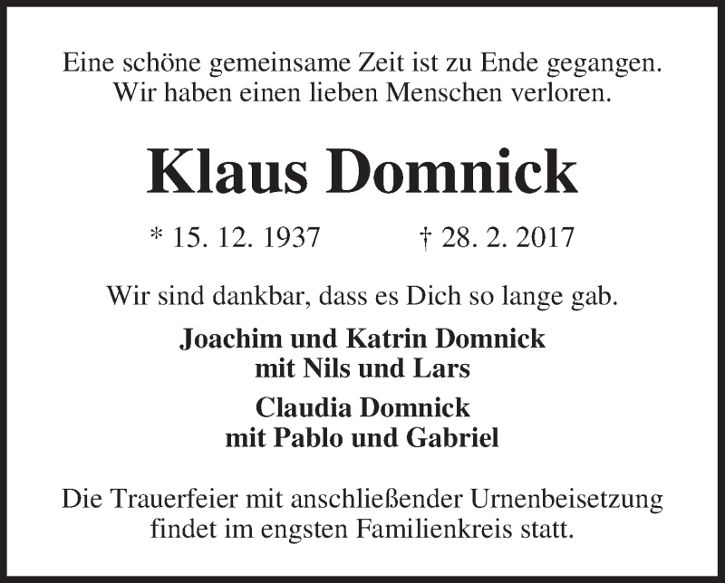 Traueranzeige von Klaus Domnick von WESER-KURIER