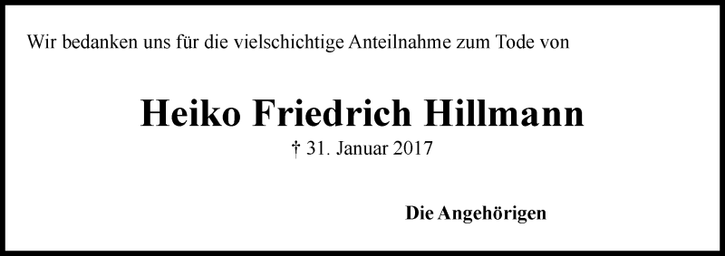 Traueranzeige von Heiko Friedrich Hillmann von Wuemme Zeitung
