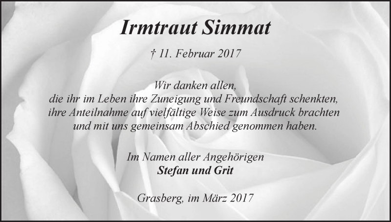 Traueranzeige von Irmtraut Simmat von Wuemme Zeitung