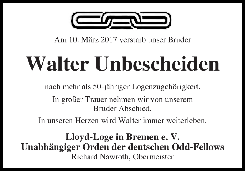 Traueranzeige von Walter Unbescheiden von WESER-KURIER