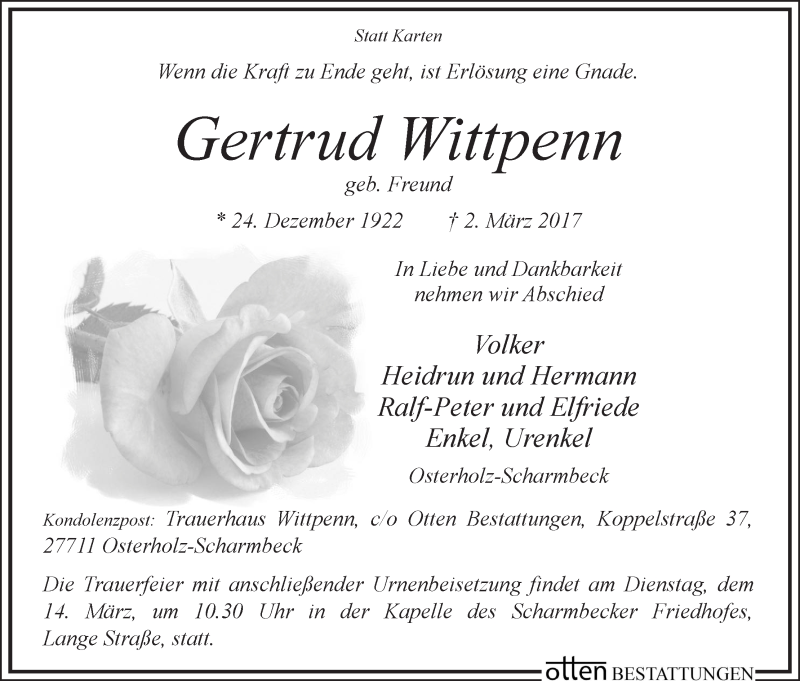 Traueranzeige von Gertrud Wittpenn von Osterholzer Kreisblatt