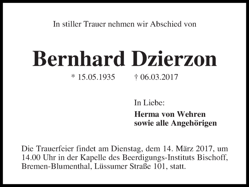 Traueranzeige von Bernhard Dzierzon von Die Norddeutsche