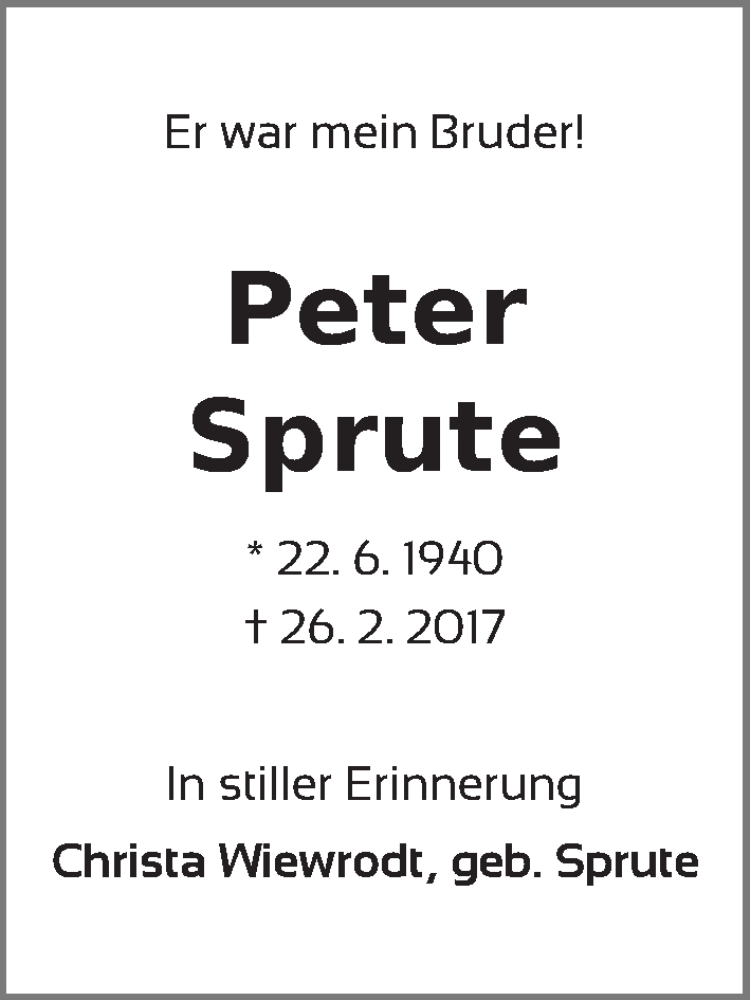 Traueranzeige von Peter Sprute von WESER-KURIER