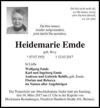 Traueranzeige von Heidemarie Emde
