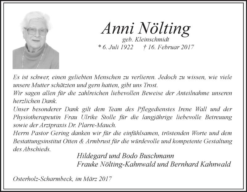 Traueranzeige von Anni Nölting von Osterholzer Kreisblatt