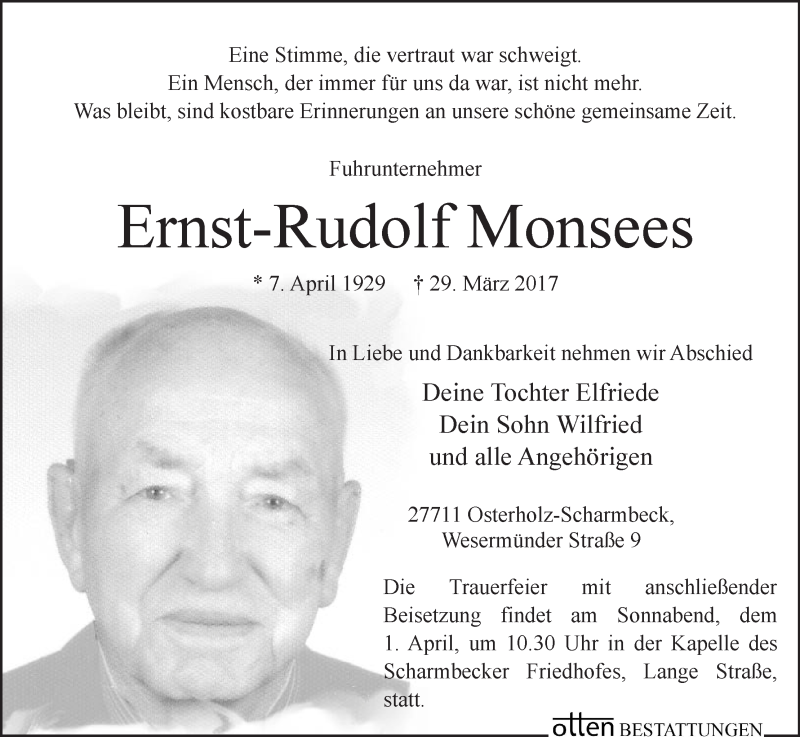 Traueranzeige von Ernst-Rudolf Monsees von Osterholzer Kreisblatt
