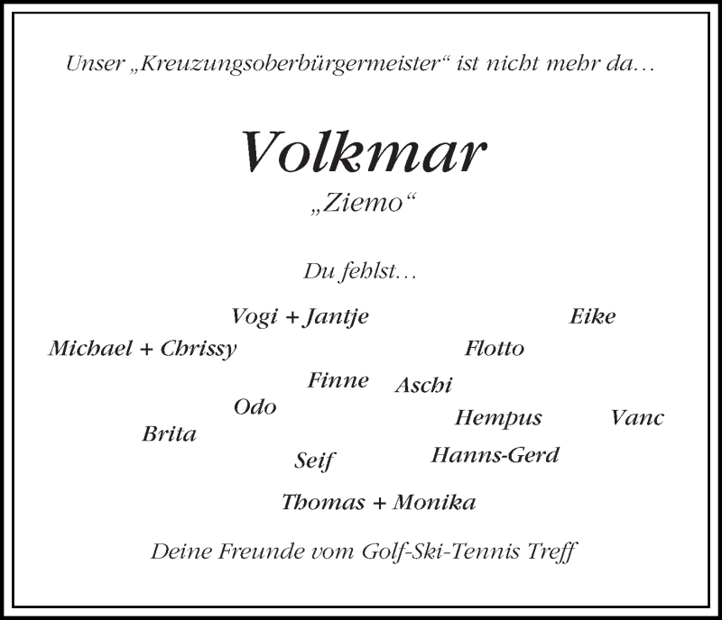 Traueranzeige von Volkmar  Ziemens von WESER-KURIER