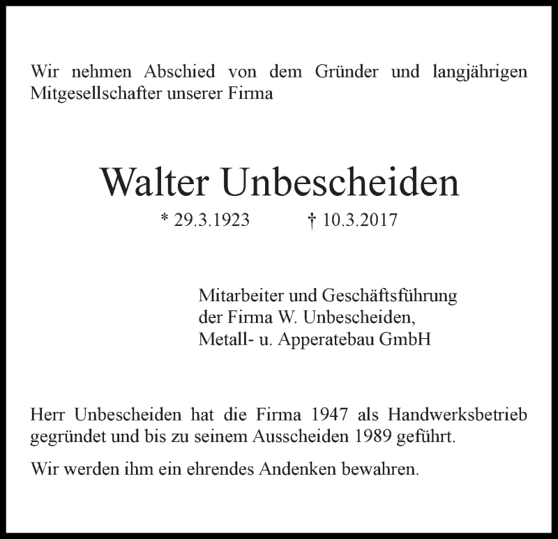 Traueranzeige von Walter Unbescheiden von WESER-KURIER