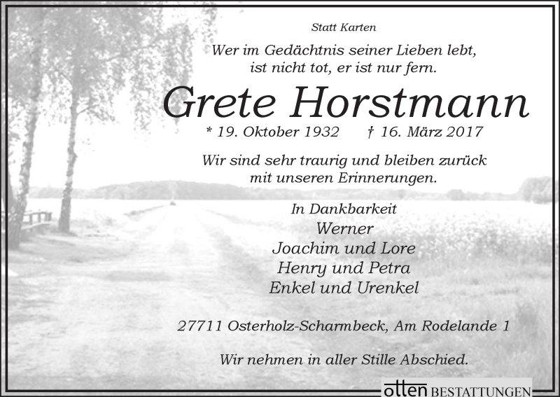 Traueranzeige von Grete Horstmann von Osterholzer Kreisblatt
