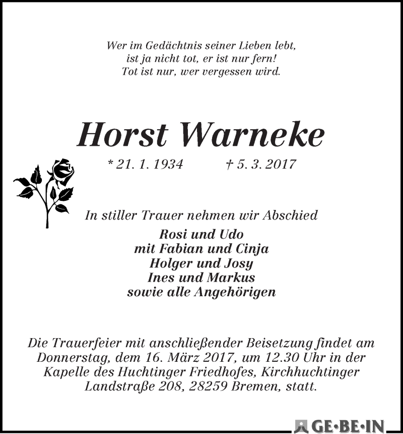 Traueranzeige von Horst Warneke von WESER-KURIER