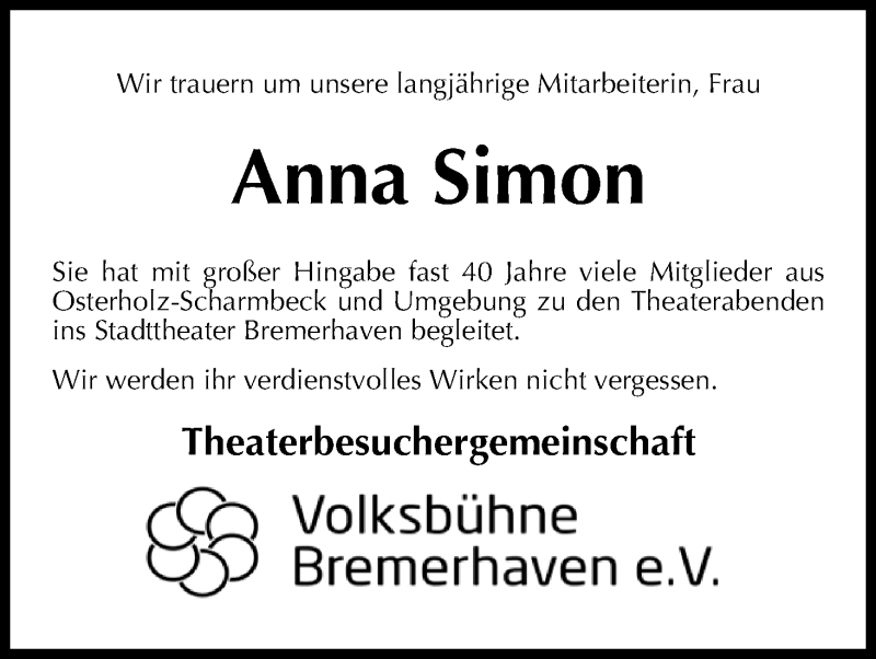 Traueranzeige von Anna Simon von Osterholzer Kreisblatt