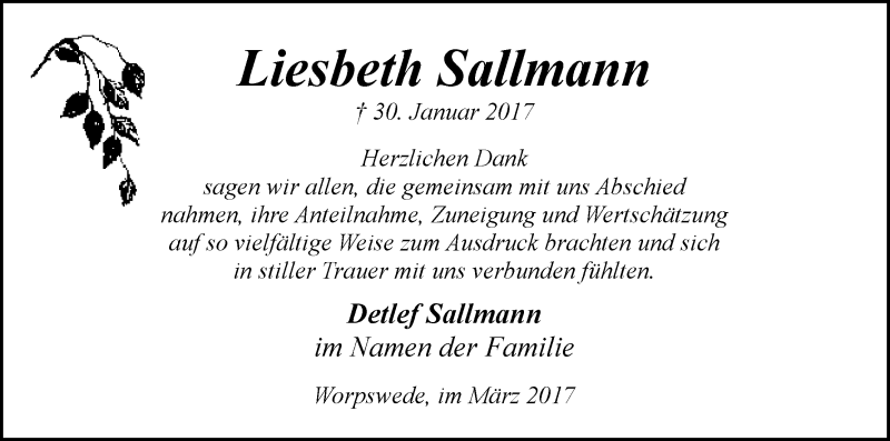 Traueranzeige von Liesbeth Sallmann von Wuemme Zeitung