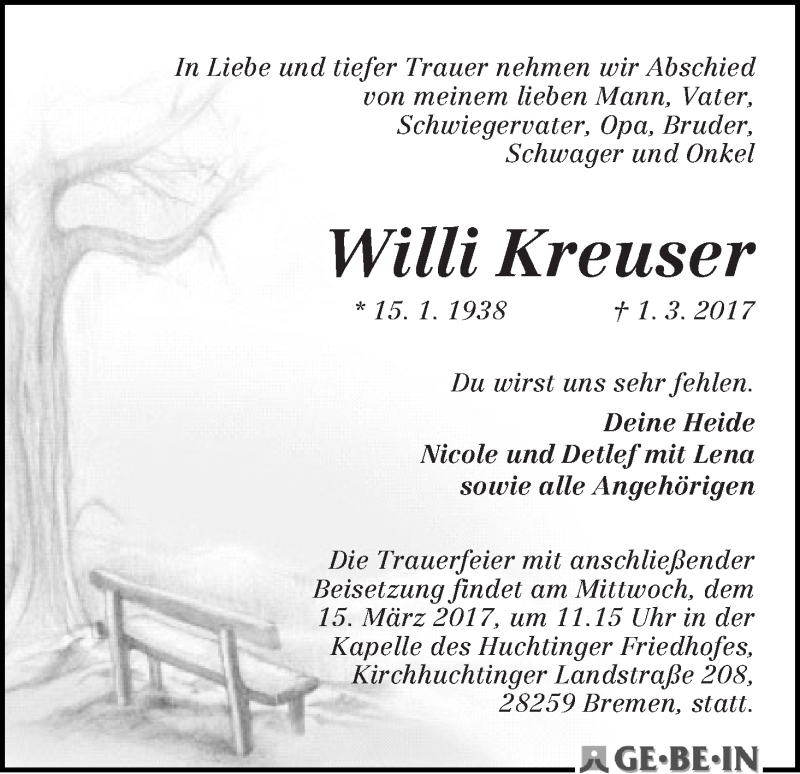 Traueranzeige von Willi Kreuser von WESER-KURIER