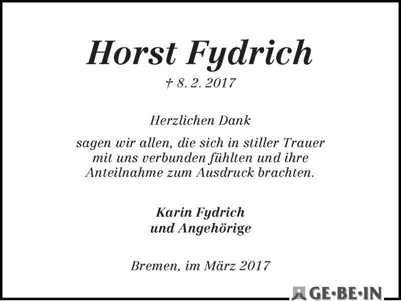 Traueranzeige von Horst Fydrich von WESER-KURIER