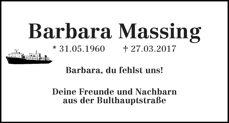  Traueranzeige für Barbara Massing vom 08.04.2017 aus WESER-KURIER