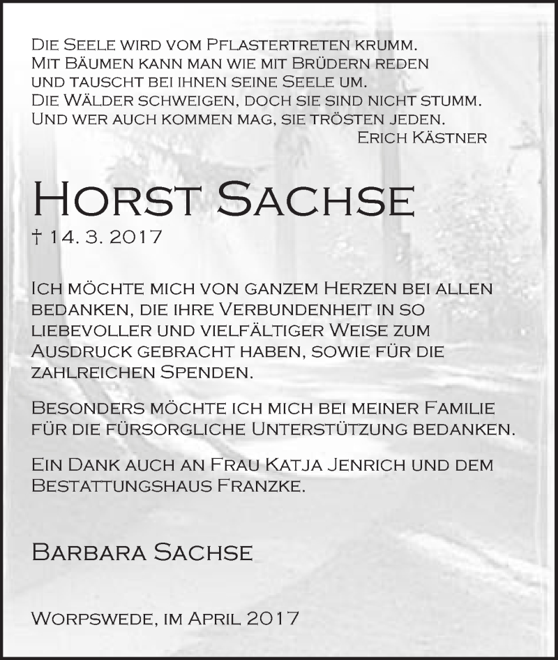 Traueranzeige von Horst Sachse von WESER-KURIER