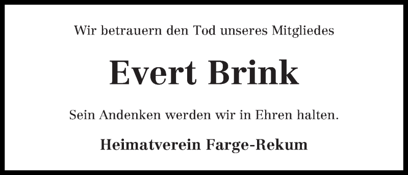 Traueranzeige von Evert Brink von Die Norddeutsche