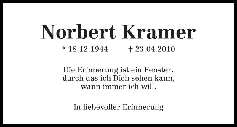  Traueranzeige für Norbert Kramer vom 23.04.2017 aus WESER-KURIER