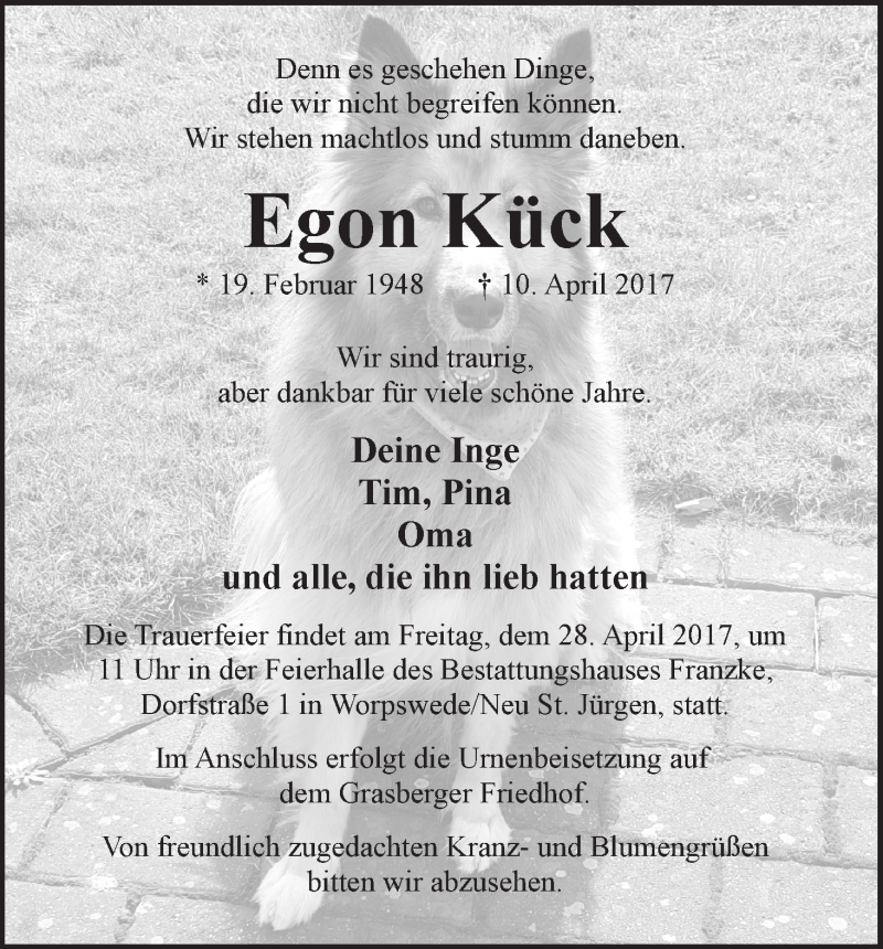 Traueranzeige von Egon Kück von Wuemme Zeitung