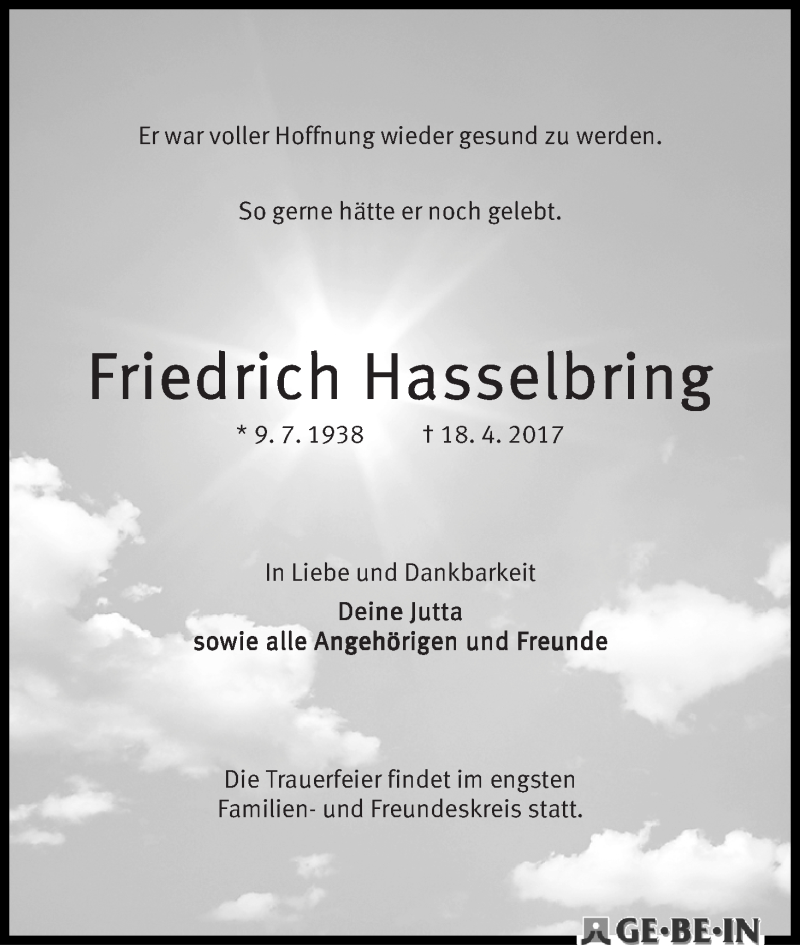 Traueranzeige von Friedrich Hasselbring von WESER-KURIER