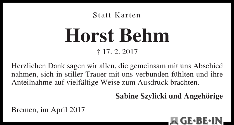 Traueranzeige von Horst Behm von WESER-KURIER