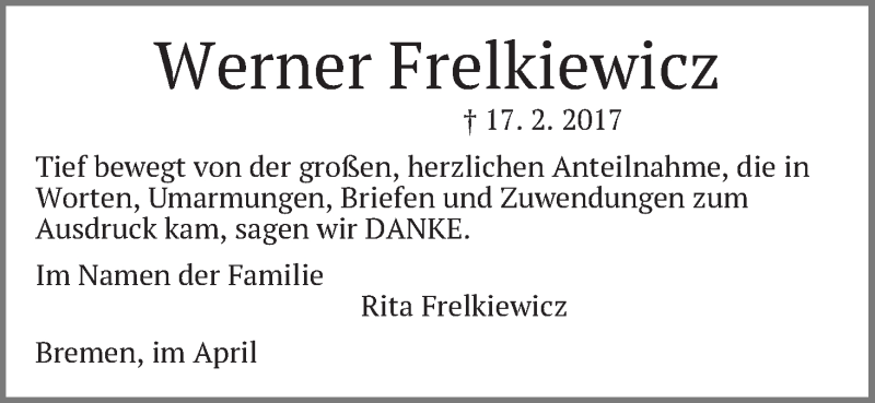  Traueranzeige für Werner Frelkiewicz vom 29.04.2017 aus WESER-KURIER
