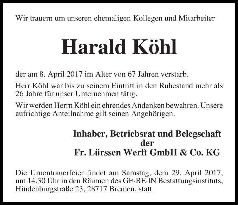 Traueranzeige von Harald Köhl von Die Norddeutsche