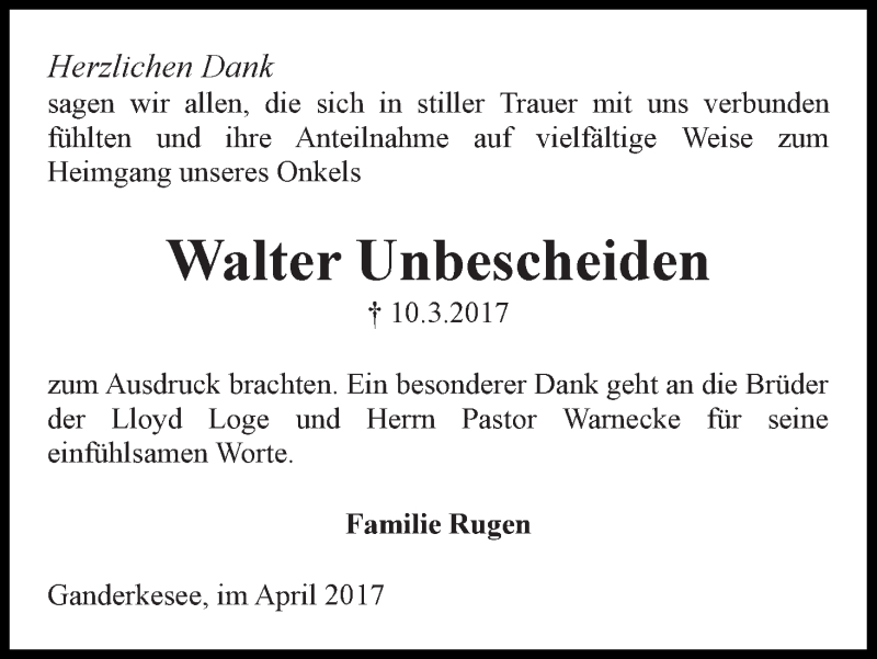 Traueranzeige von Walter Unbescheiden von WESER-KURIER