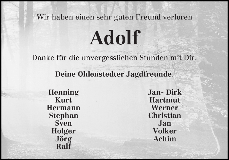 Traueranzeige von Adolf Ahrens von Osterholzer Kreisblatt