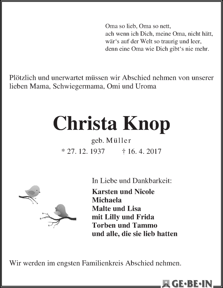 Traueranzeige von Christa Knop von WESER-KURIER