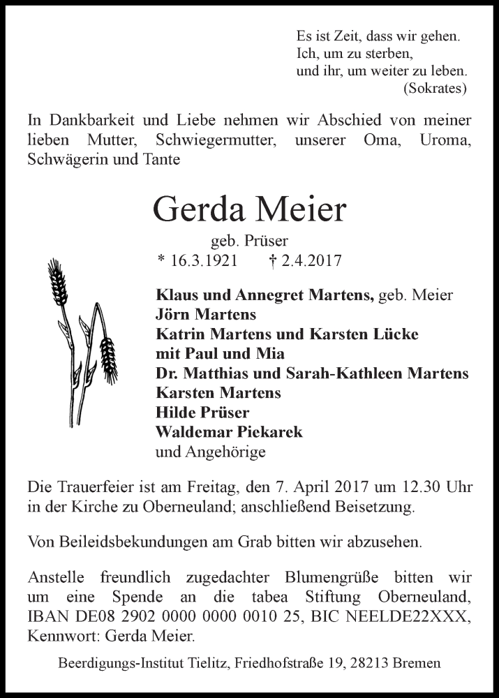Traueranzeige von Gerda Meier von WESER-KURIER