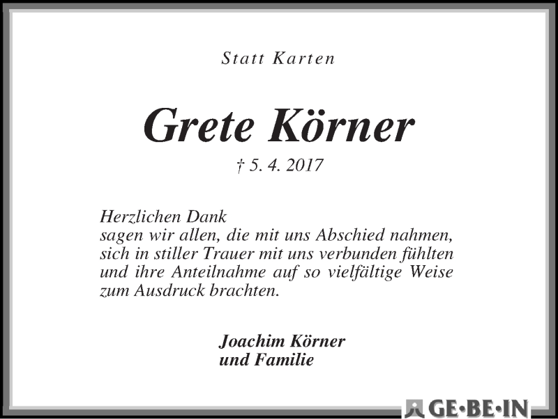 Traueranzeige von Grete Körner von WESER-KURIER