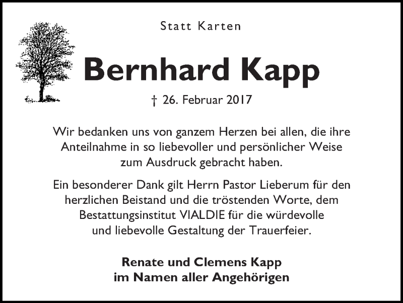 Traueranzeige von Bernhard Kapp von WESER-KURIER