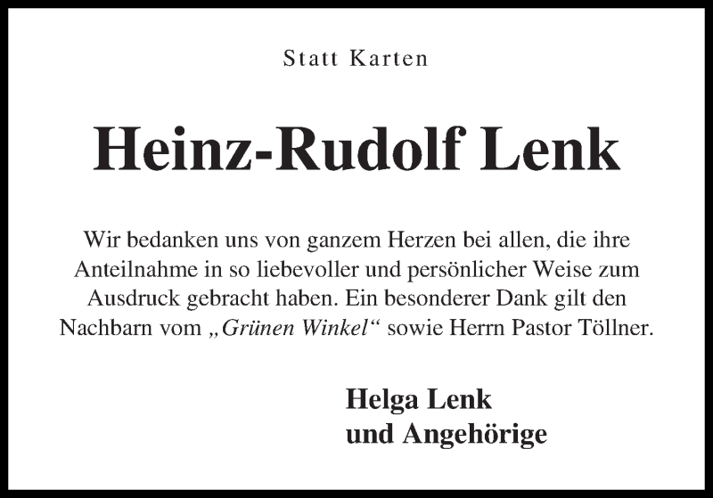 Traueranzeige von Heinz-Rudolf Lenk von WESER-KURIER