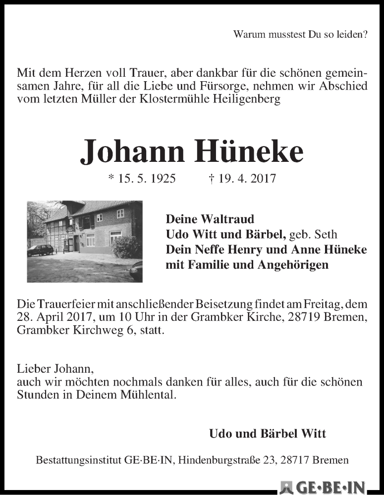 Traueranzeige von Johann Hüneke von WESER-KURIER