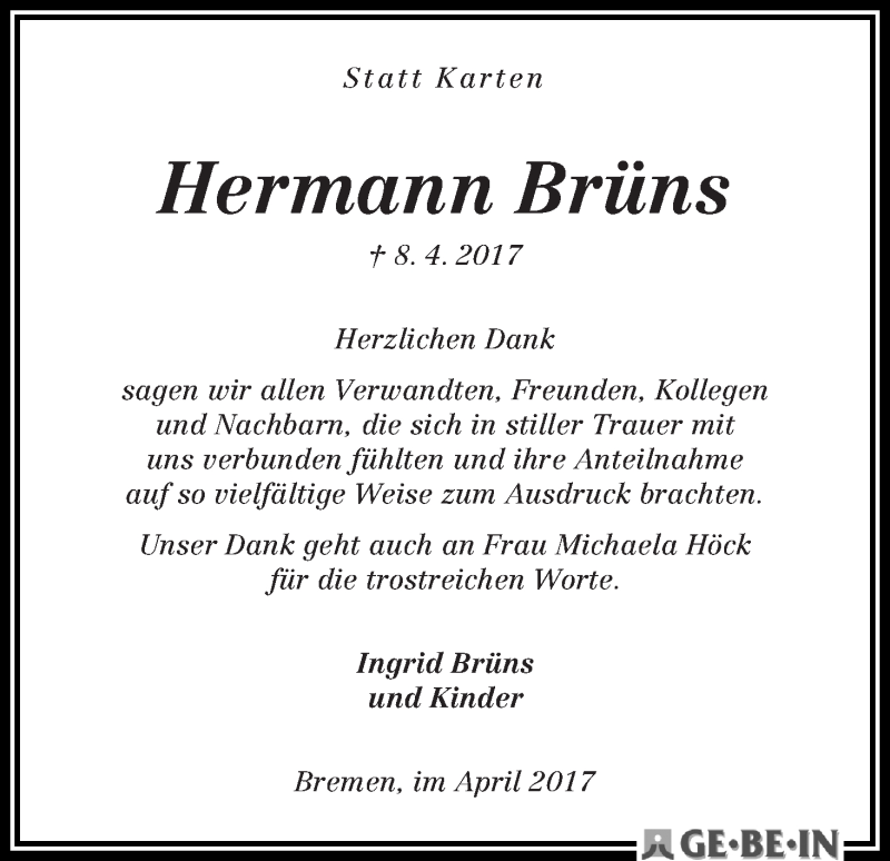 Traueranzeige von Hermann Brüns von WESER-KURIER