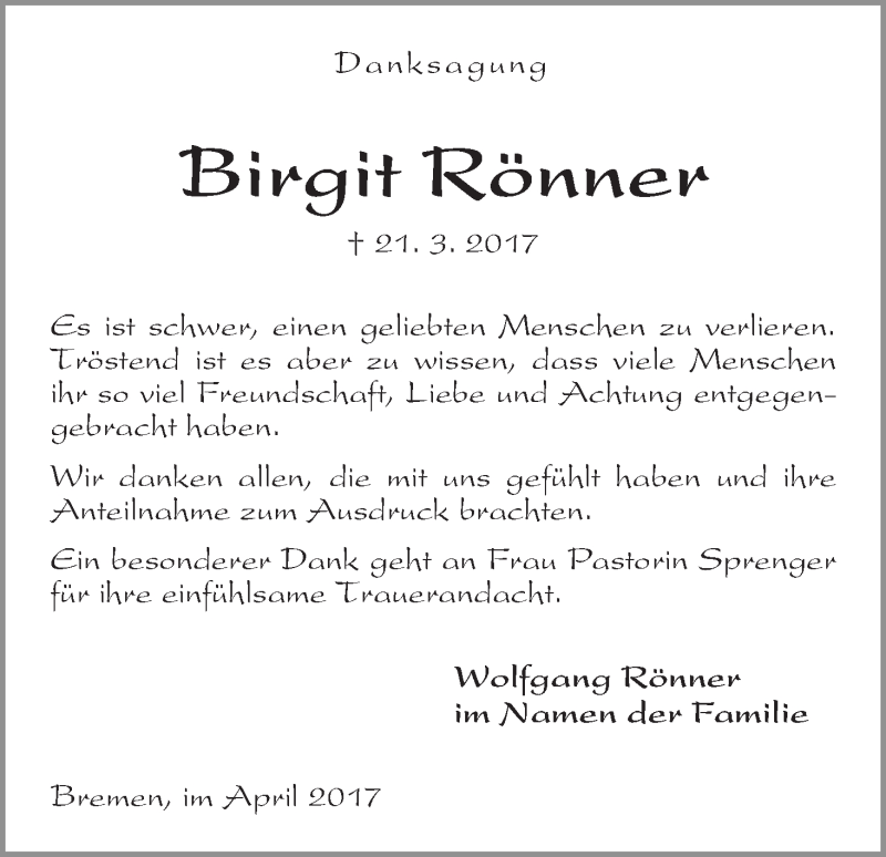  Traueranzeige für Birgit Rönner vom 27.04.2017 aus Die Norddeutsche