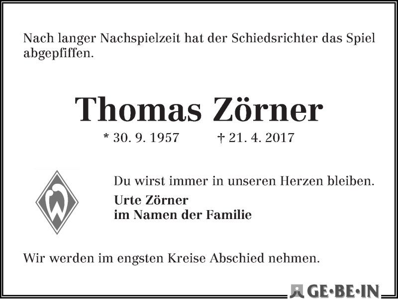 Traueranzeige von Thomas Zörner von WESER-KURIER