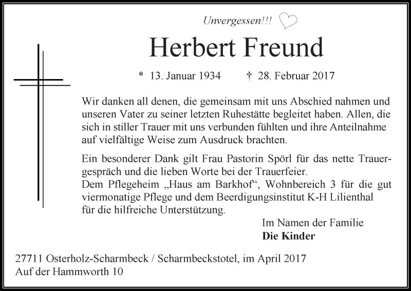 Traueranzeige von Herbert Freund von Osterholzer Kreisblatt
