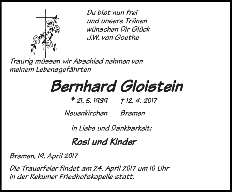 Traueranzeige von Bernhard Gloistein von Osterholzer Kreisblatt