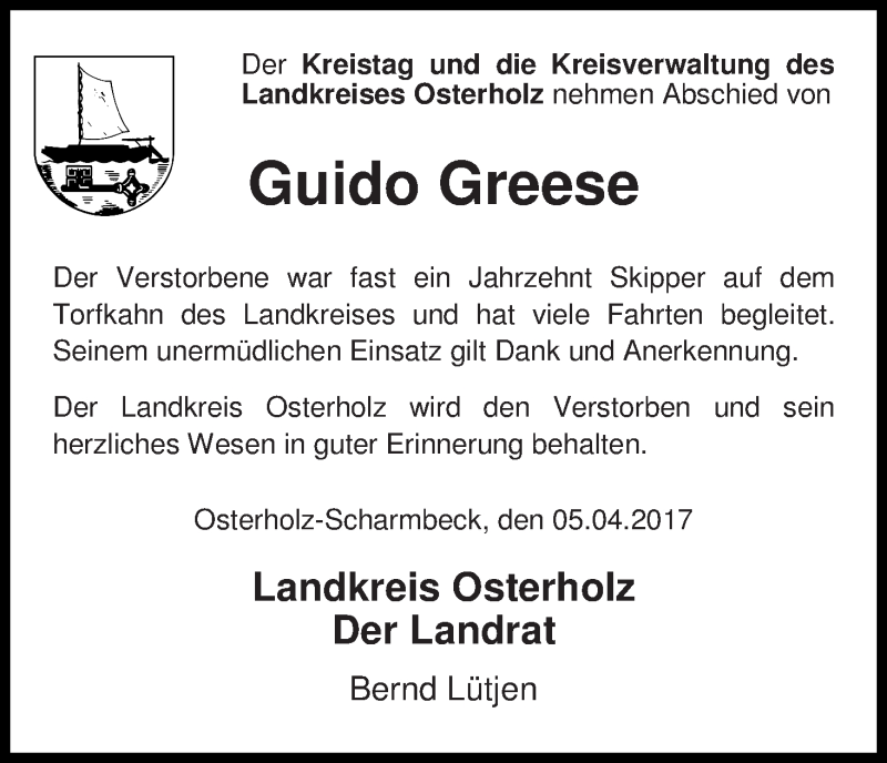 Traueranzeige von Guido Greese von Osterholzer Kreisblatt