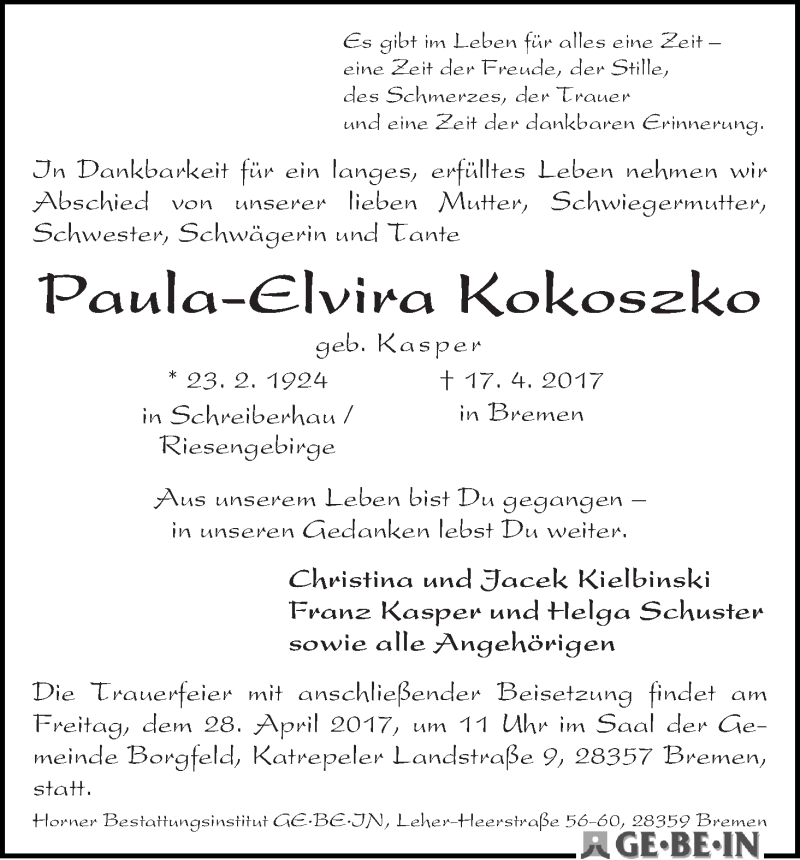 Traueranzeige von Paula-Elvira Kokoszko von WESER-KURIER