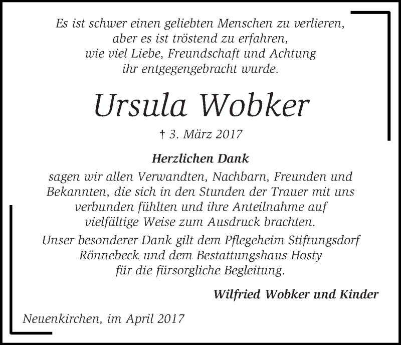 Traueranzeige von Ursula Wobker von Die Norddeutsche