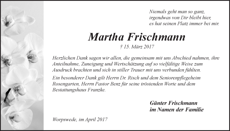 Traueranzeige von Martha Frischmann von Wuemme Zeitung