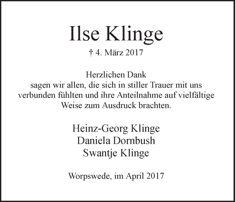 Traueranzeige von Ilse Klinge von Wuemme Zeitung