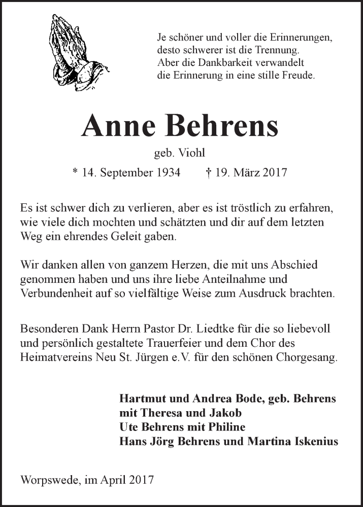 Traueranzeige von Anne Behrens von Wuemme Zeitung